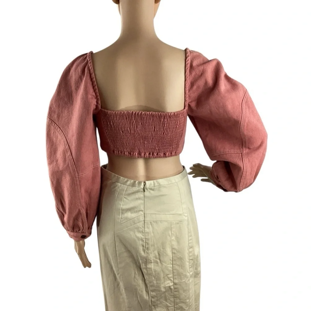 Free People Marley Denim Top Rose Smoke Pink Puff Sleeve Size 2